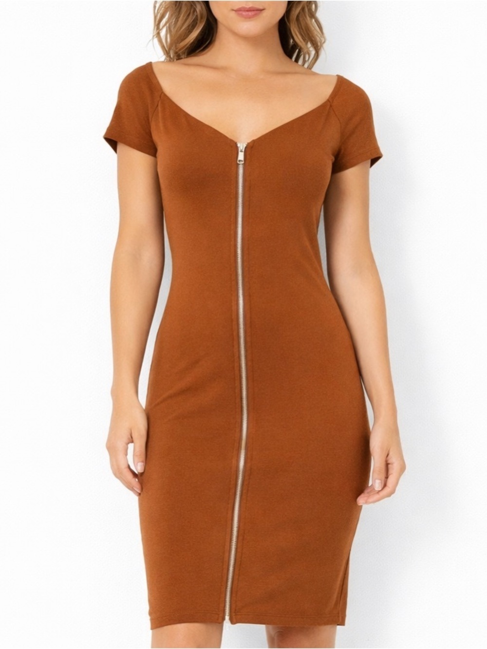 Haute Monde Brown Bodycon Dress Front Zipper Short Sleeve Size L Stretch